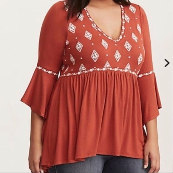 Torrid Tops - Torrid Rust Orange Boho Embroidered Flare Bell Sleeve Babydoll Top Size 1 1X